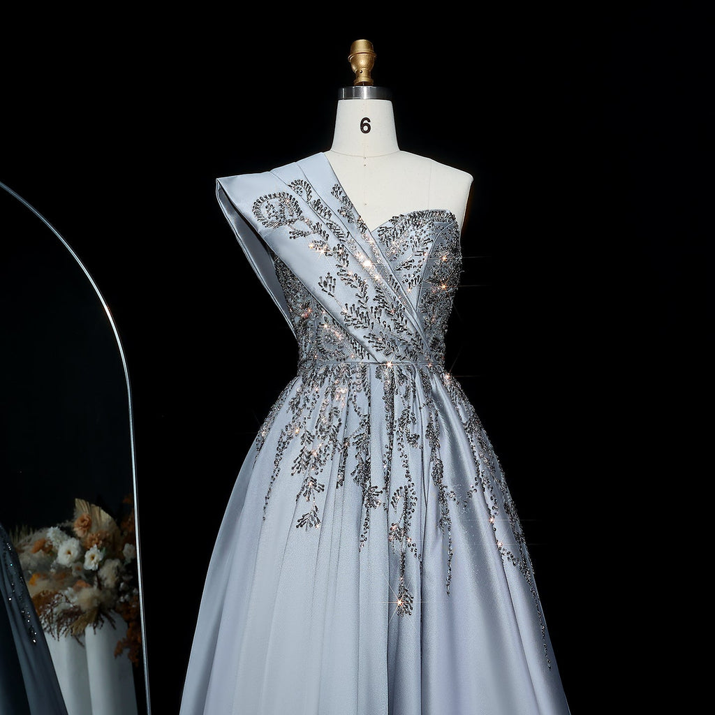 Luxury Gray Crystal-Embellished One-Shoulder Evening Dress XD040