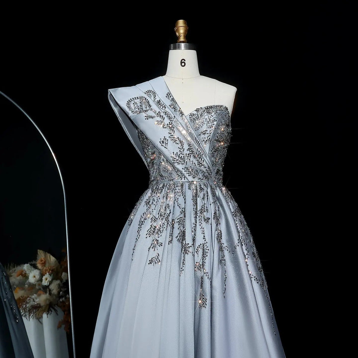 Luxury Gray One-Shoulder Embellished Crystal Evening Dress XD040