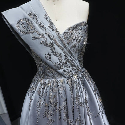 Luxury Gray One-Shoulder Embellished Crystal Evening Dress XD040