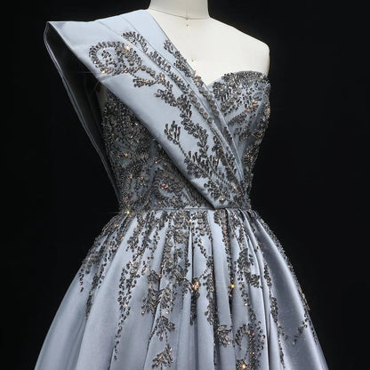 Luxury Gray One-Shoulder Embellished Crystal Evening Dress XD040