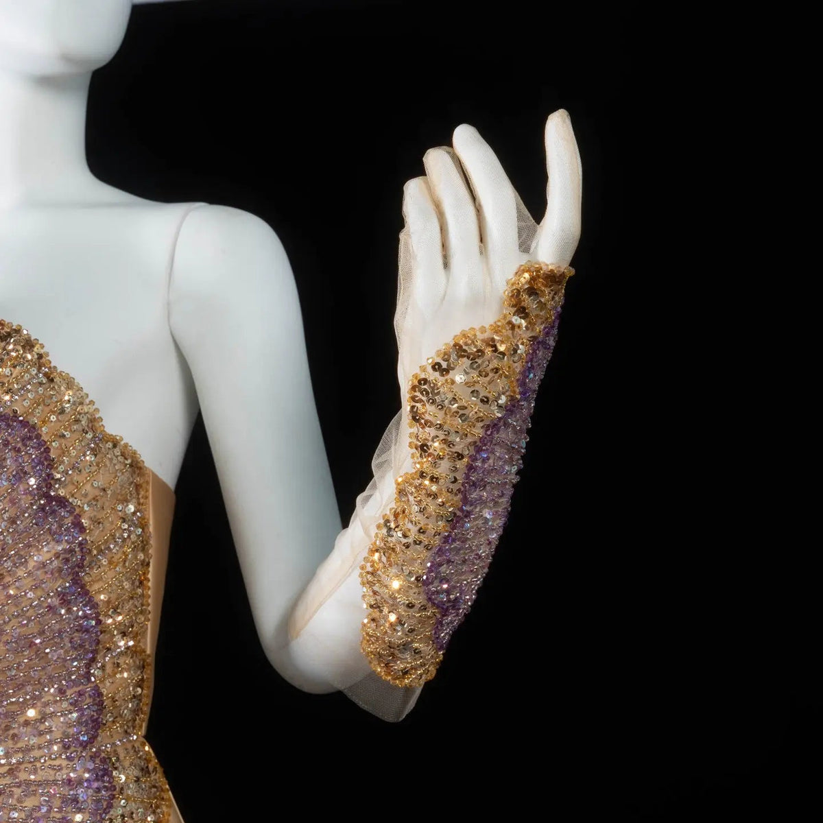 Luxury Strapless Crystal Beaded Evening Dress with Flowing Champagne Satin Skirt SS377