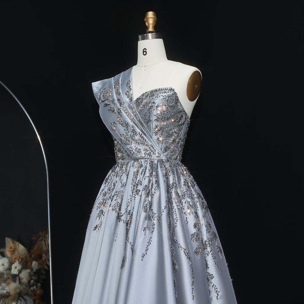 Luxury Gray Crystal-Embellished One-Shoulder Evening Dress XD040
