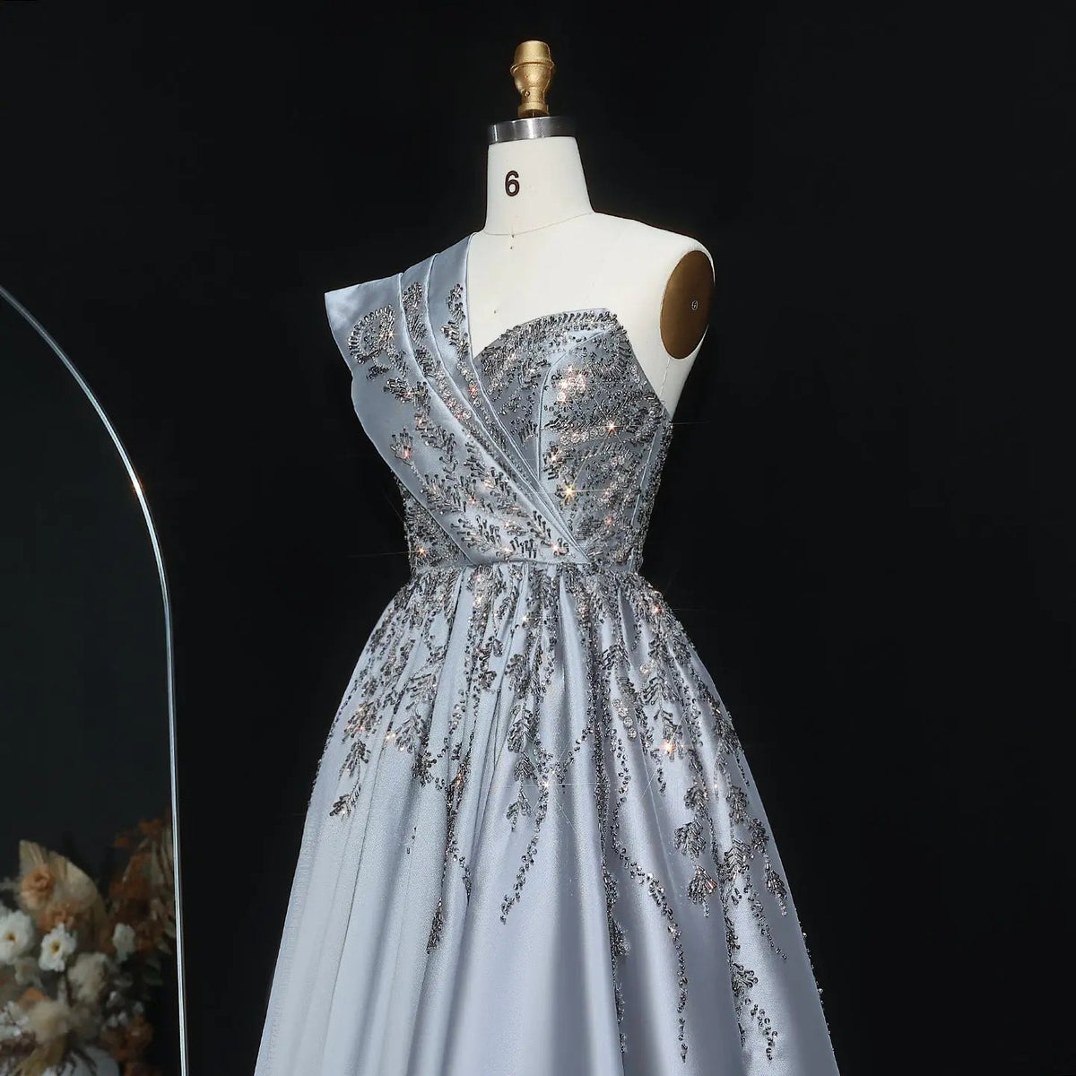 Luxury Gray One-Shoulder Embellished Crystal Evening Dress XD040
