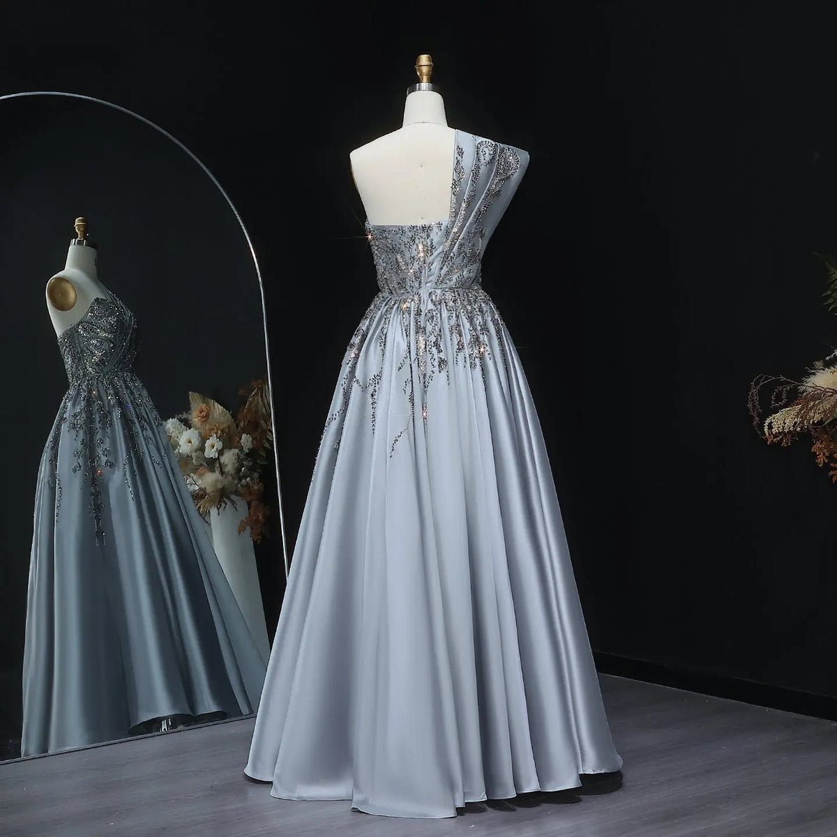 Luxury Gray One-Shoulder Embellished Crystal Evening Dress XD040