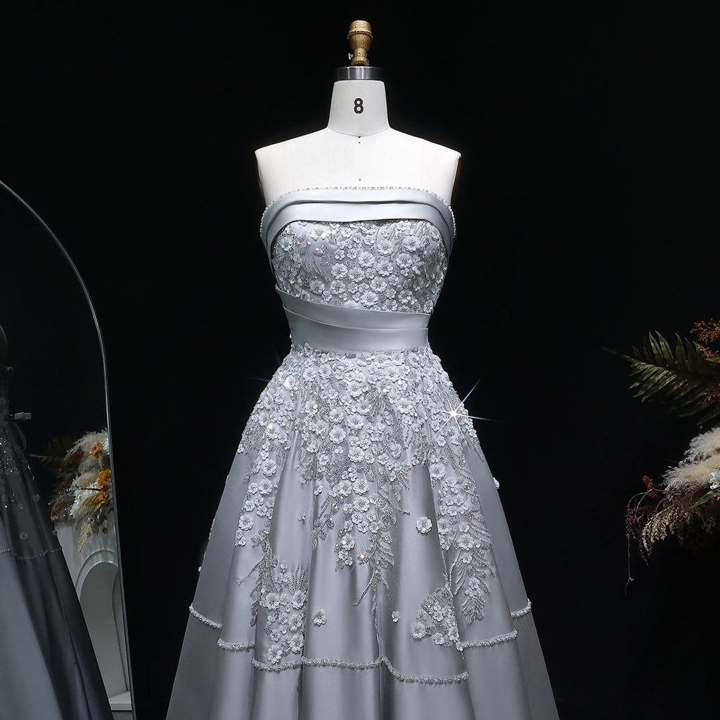 Elegant 3D Floral Beaded Champagne Sequin Evening Dress XD045