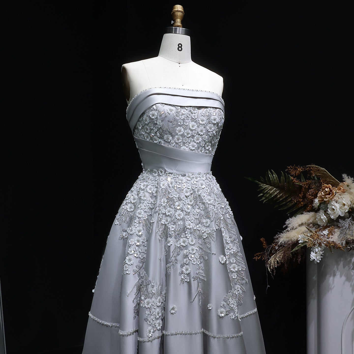 Elegant 3D Floral Beaded Champagne Sequin Evening Dress XD045