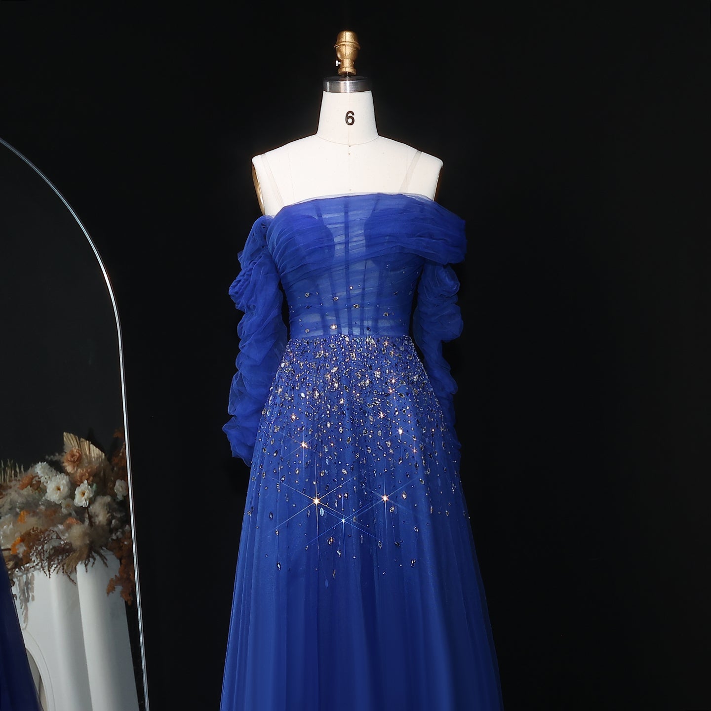 Luxury Crystal Royal Blue Long Sleeves Evening Dress SF333