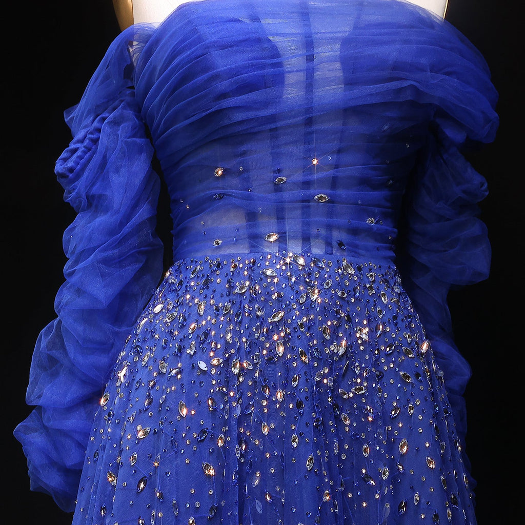 Luxury Crystal Royal Blue Long Sleeves Evening Dress SF333