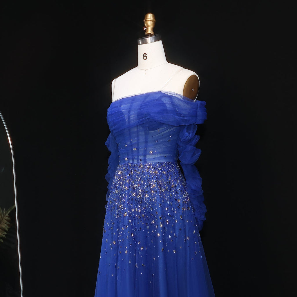 Luxury Crystal Royal Blue Long Sleeves Evening Dress SF333