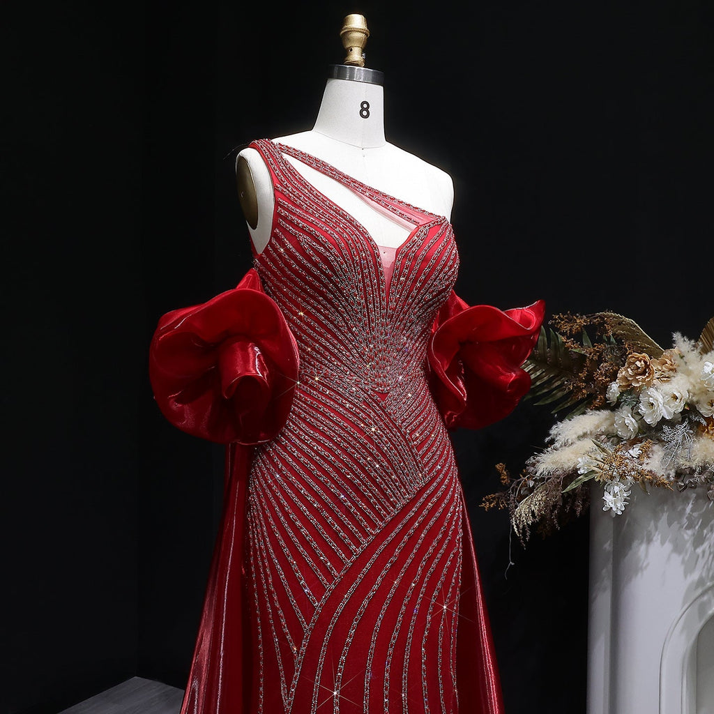 Luxury Dusty Pink One-Shoulder Beaded Fitted Evening Dress with Cape SS016