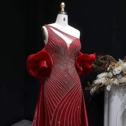 Luxury Dusty Pink Beaded One-Shoulder Fitted Evening Dress with Cape SS016