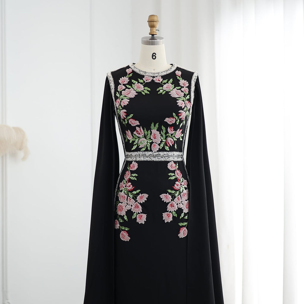 Luxury Embroider Pearls Black Evening Dress with Cape Sleeves SS487