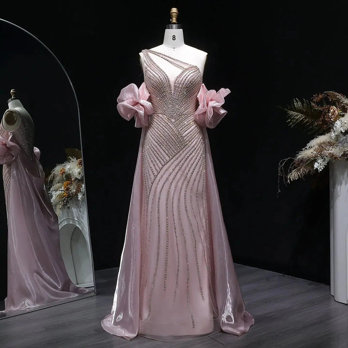 Luxury Dusty Pink Beaded One-Shoulder Fitted Evening Dress with Cape SS016