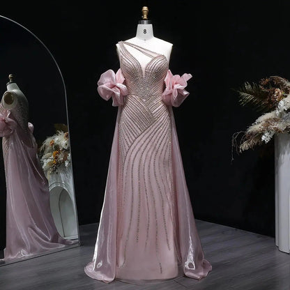 Luxury Dusty Pink Beaded One-Shoulder Fitted Evening Dress with Cape SS016