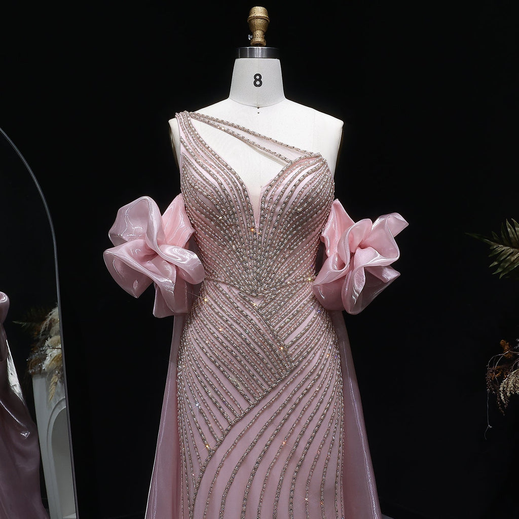 Luxury Dusty Pink One-Shoulder Beaded Fitted Evening Dress with Cape SS016