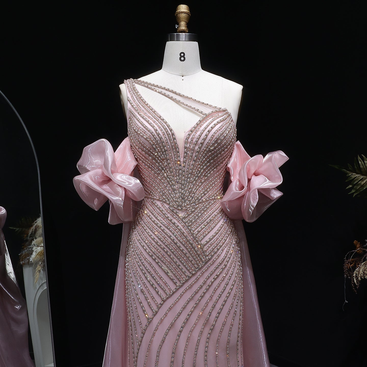 Luxury Dusty Pink One-Shoulder Beaded Fitted Evening Dress with Cape SS016