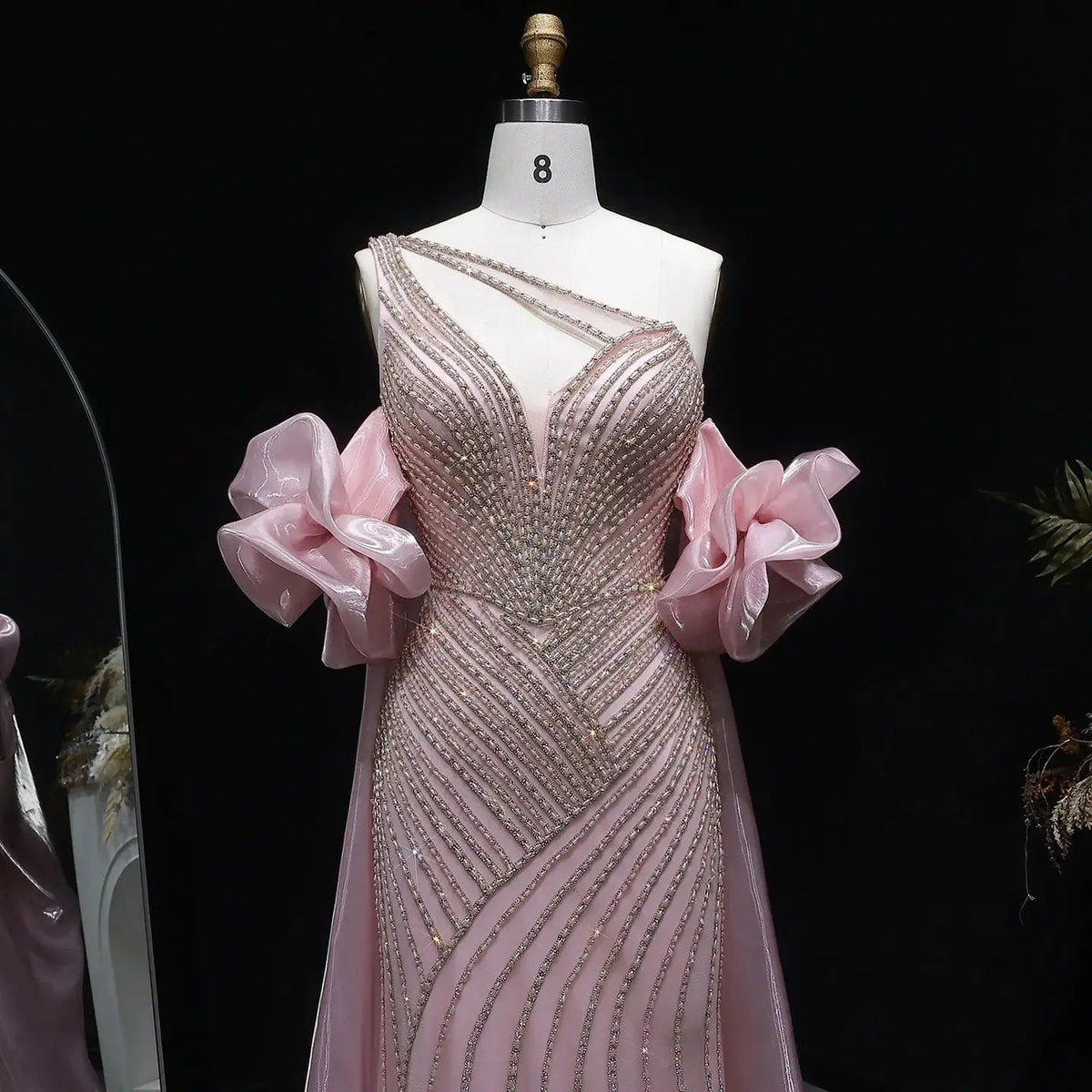 Luxury Dusty Pink Beaded One-Shoulder Fitted Evening Dress with Cape SS016