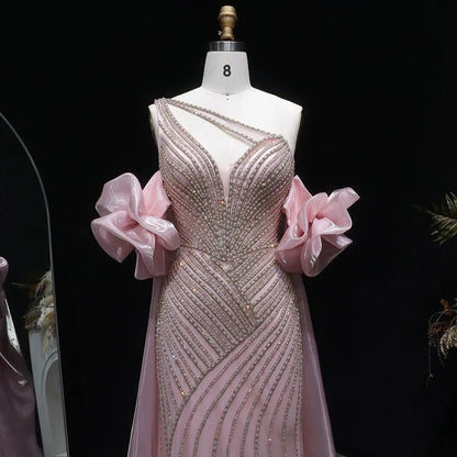Luxury Dusty Pink Beaded One-Shoulder Fitted Evening Dress with Cape SS016