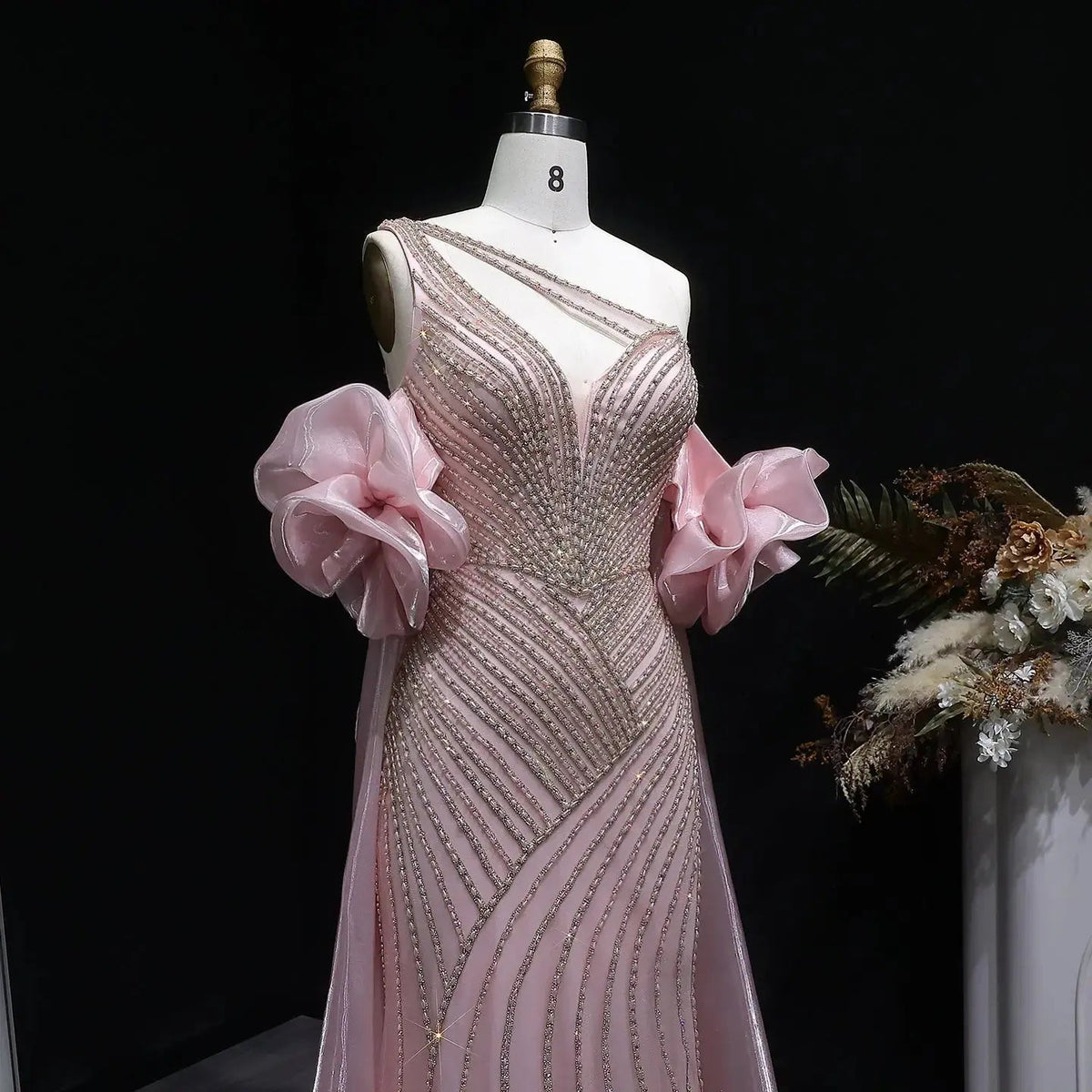 Luxury Dusty Pink Beaded One-Shoulder Fitted Evening Dress with Cape SS016