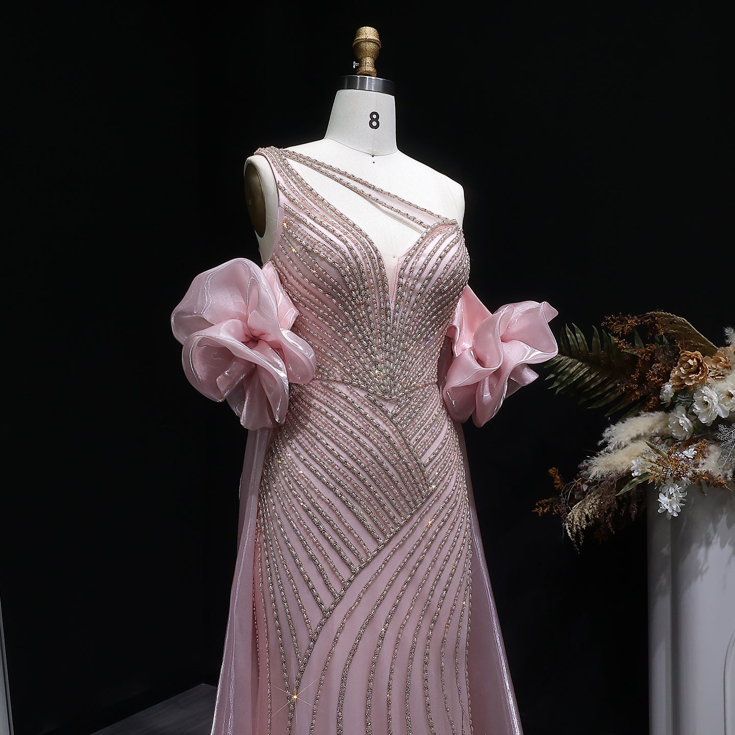 Luxury Dusty Pink One-Shoulder Beaded Fitted Evening Dress with Cape SS016