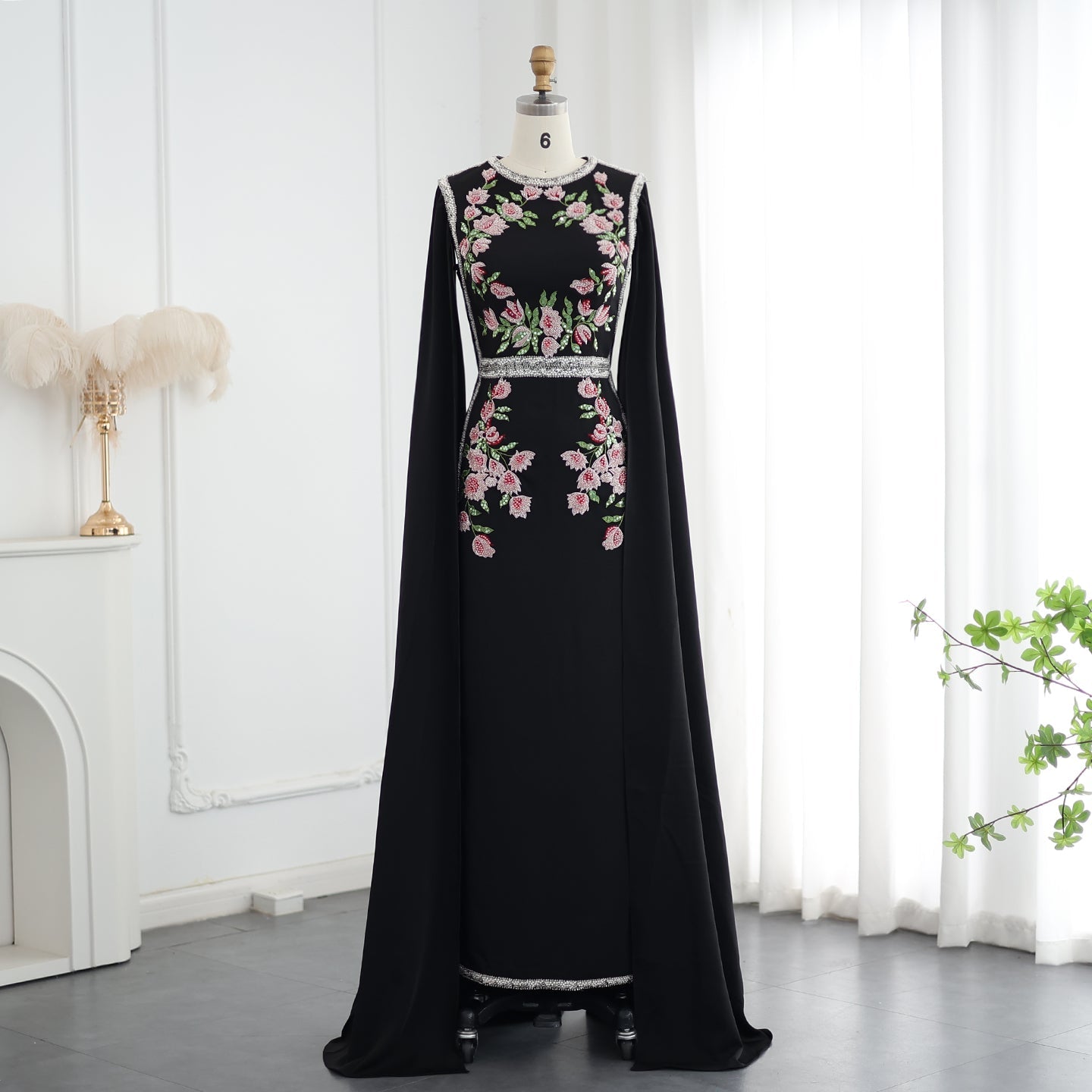 Luxury Embroider Pearls Black Evening Dress with Cape Sleeves SS487