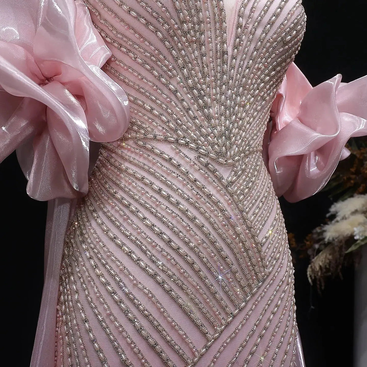 Luxury Dusty Pink Beaded One-Shoulder Fitted Evening Dress with Cape SS016