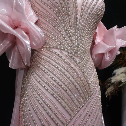 Luxury Dusty Pink Beaded One-Shoulder Fitted Evening Dress with Cape SS016