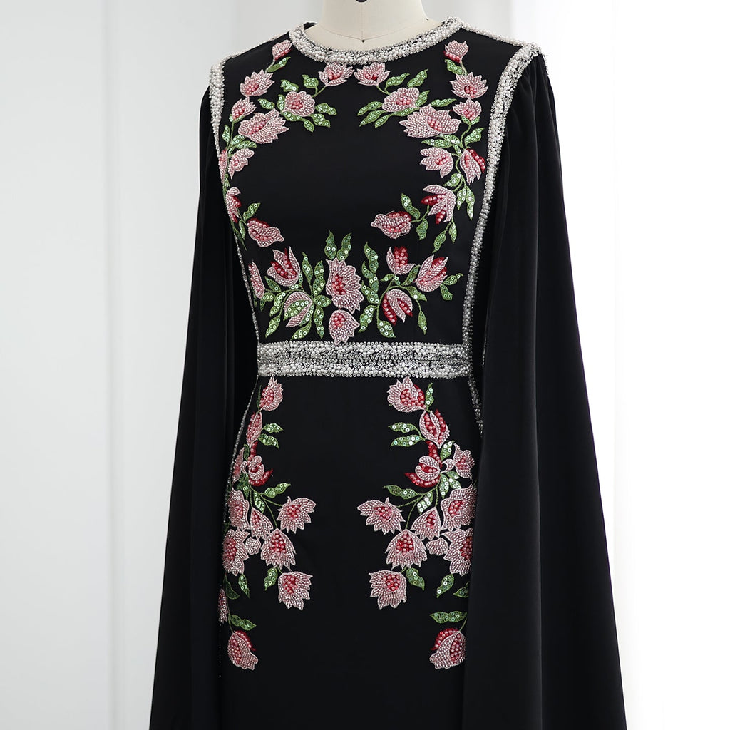 Luxury Embroider Pearls Black Evening Dress with Cape Sleeves SS487