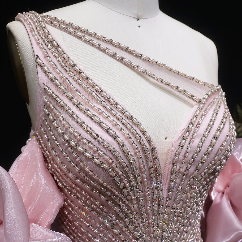 Luxury Dusty Pink One-Shoulder Beaded Fitted Evening Dress with Cape SS016