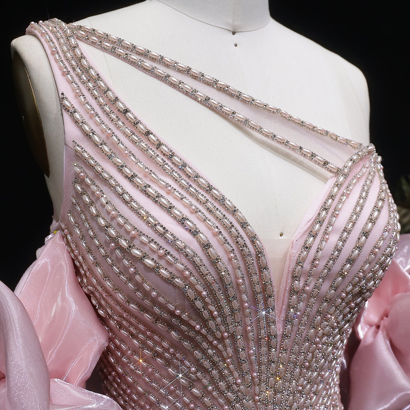 Luxury Dusty Pink One-Shoulder Beaded Fitted Evening Dress with Cape SS016
