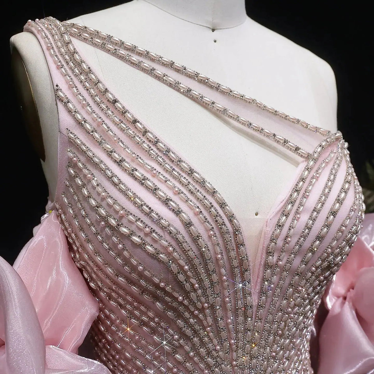 Luxury Dusty Pink Beaded One-Shoulder Fitted Evening Dress with Cape SS016