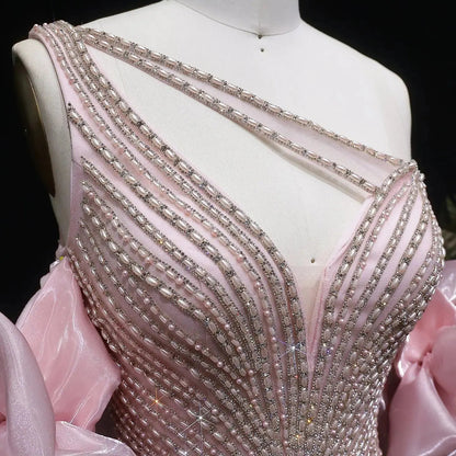 Luxury Dusty Pink Beaded One-Shoulder Fitted Evening Dress with Cape SS016