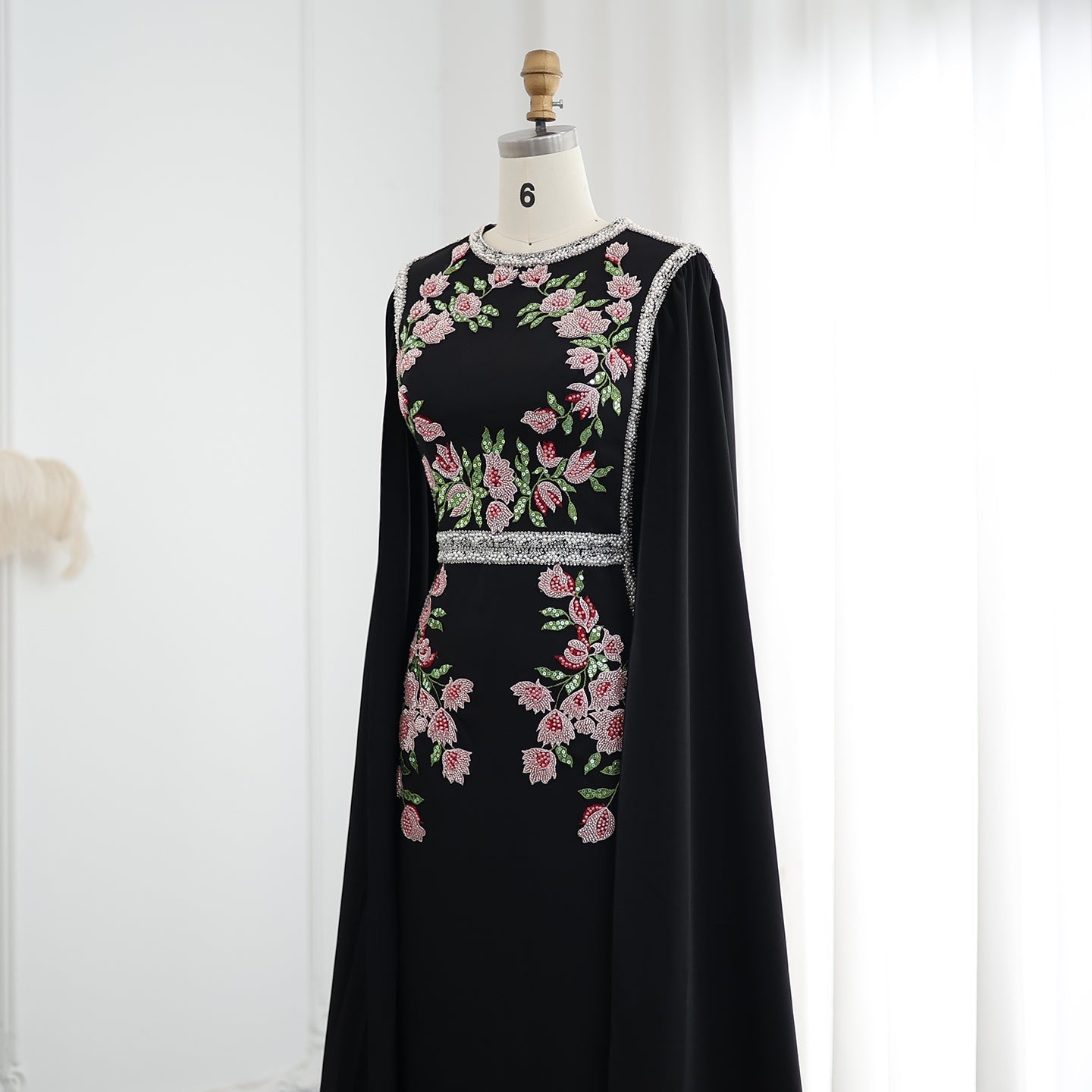 Luxury Embroider Pearls Black Evening Dress with Cape Sleeves SS487