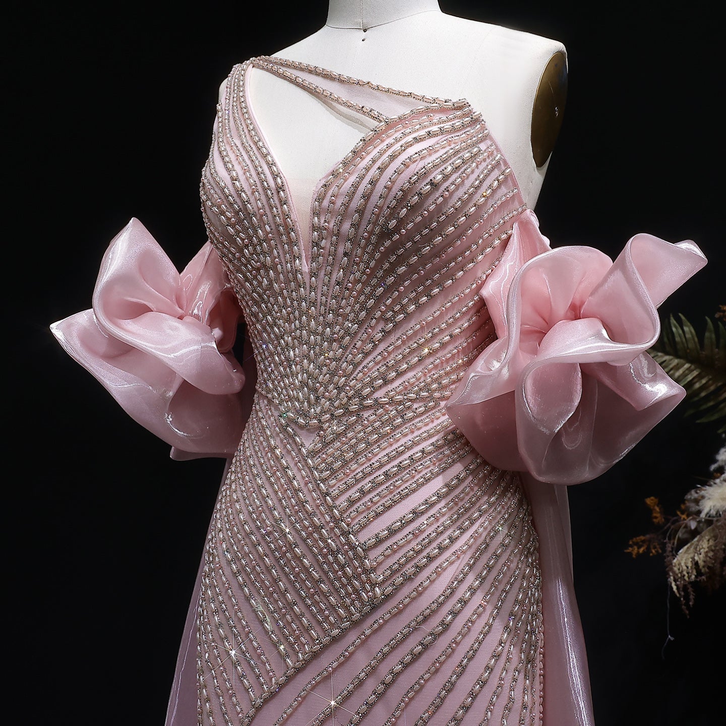 Luxury Dusty Pink One-Shoulder Beaded Fitted Evening Dress with Cape SS016