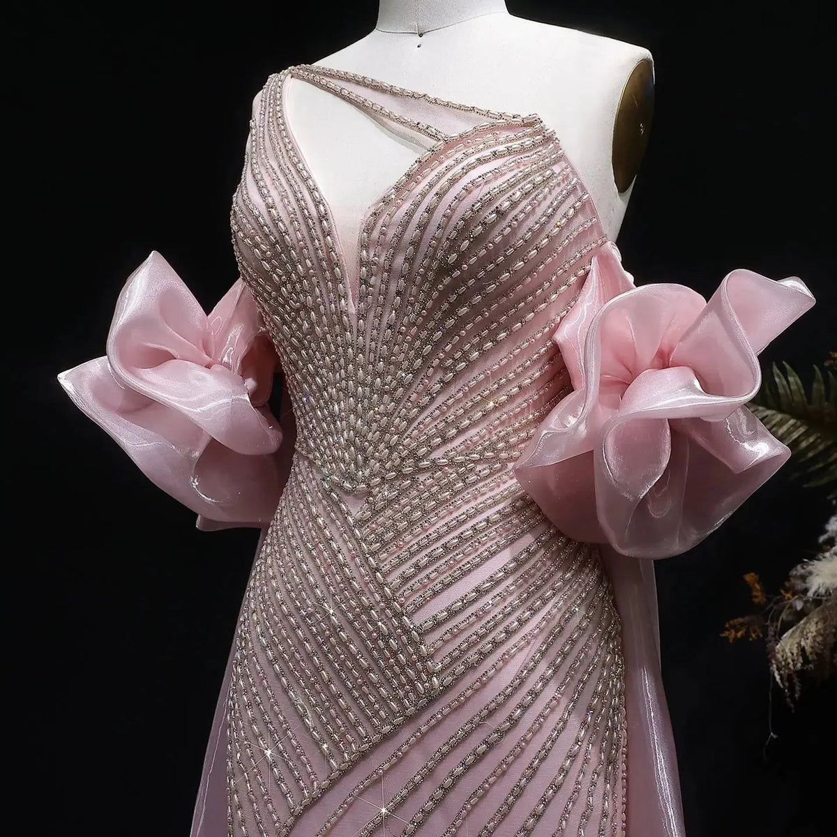 Luxury Dusty Pink Beaded One-Shoulder Fitted Evening Dress with Cape SS016
