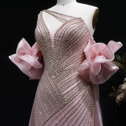Luxury Dusty Pink Beaded One-Shoulder Fitted Evening Dress with Cape SS016