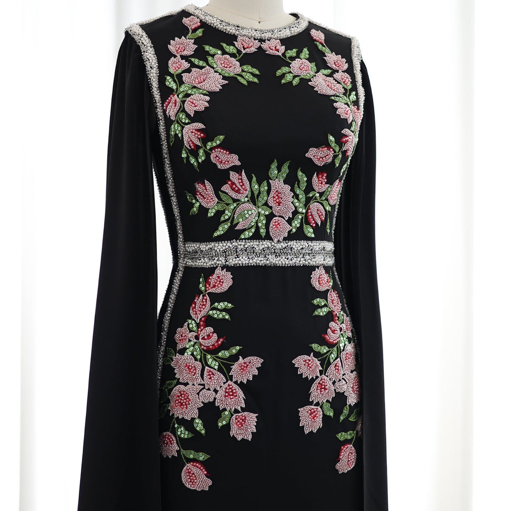 Luxury Embroider Pearls Black Evening Dress with Cape Sleeves SS487