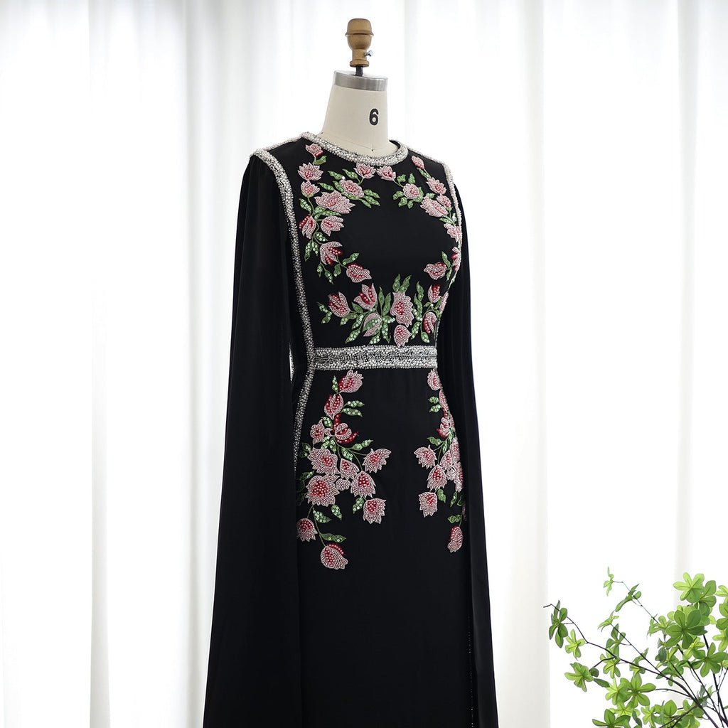 Luxury Embroider Pearls Black Evening Dress with Cape Sleeves SS487