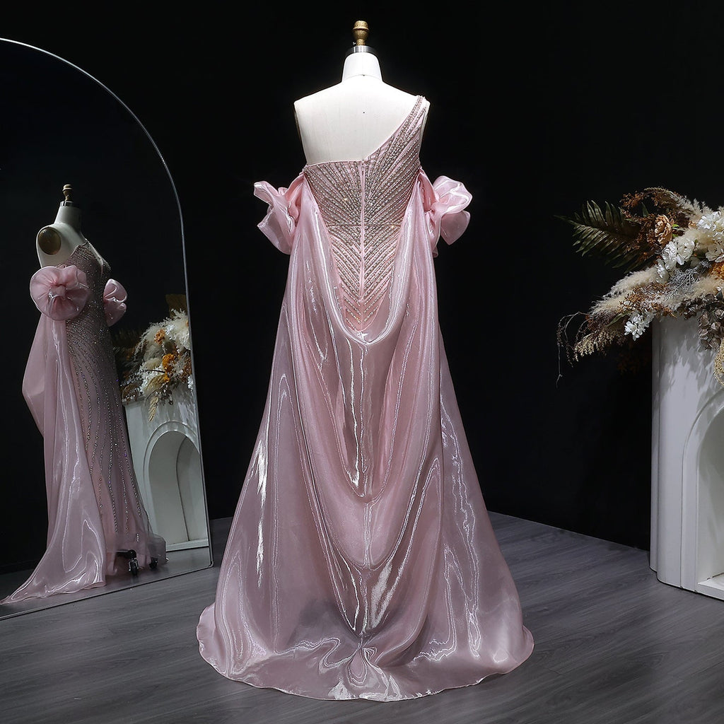 Luxury Dusty Pink One-Shoulder Beaded Fitted Evening Dress with Cape SS016
