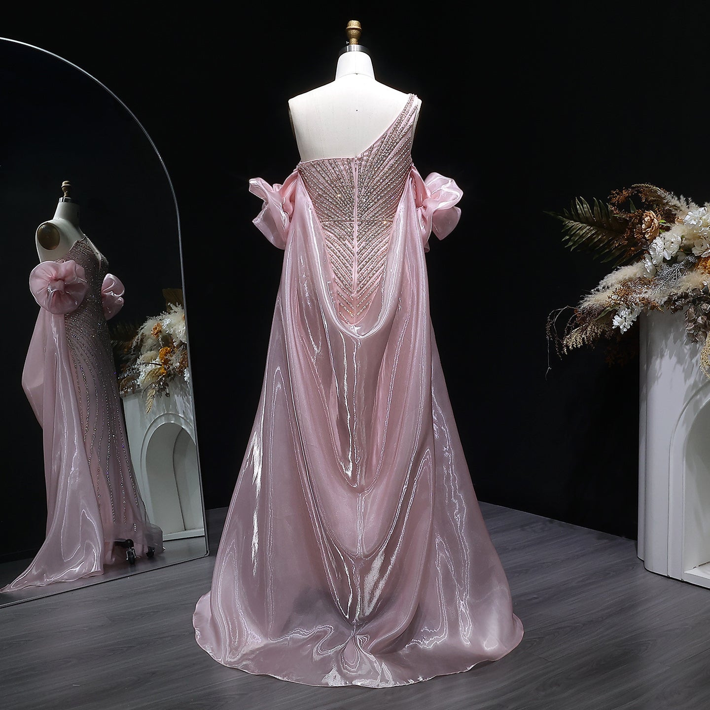 Luxury Dusty Pink One-Shoulder Beaded Fitted Evening Dress with Cape SS016