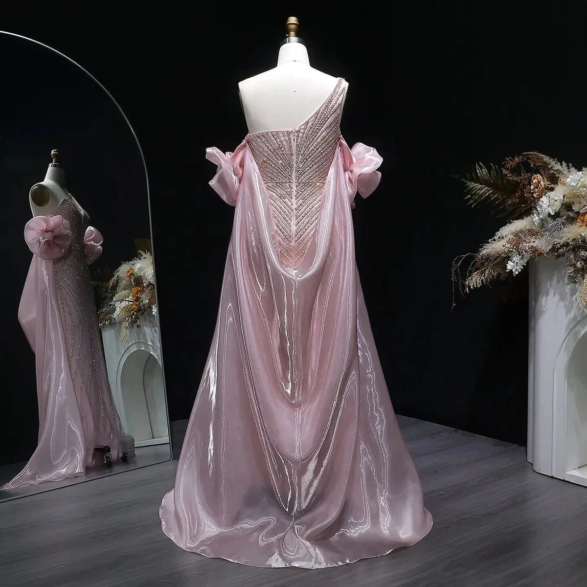 Luxury Dusty Pink Beaded One-Shoulder Fitted Evening Dress with Cape SS016