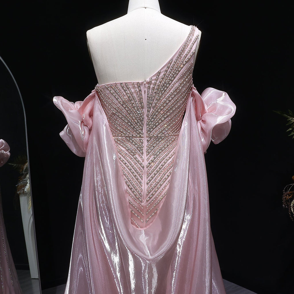 Luxury Dusty Pink One-Shoulder Beaded Fitted Evening Dress with Cape SS016