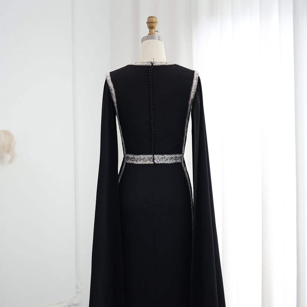 Luxury Embroider Pearls Black Evening Dress with Cape Sleeves SS487