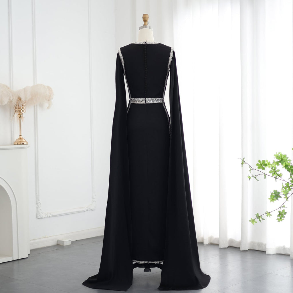 Luxury Embroider Pearls Black Evening Dress with Cape Sleeves SS487