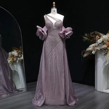 Luxury Dusty Pink Beaded One-Shoulder Fitted Evening Dress with Cape SS016