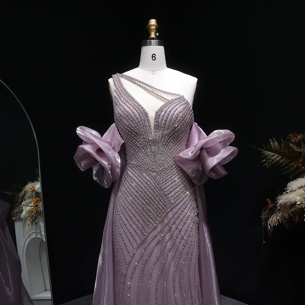 Luxury Dusty Pink One-Shoulder Beaded Fitted Evening Dress with Cape SS016