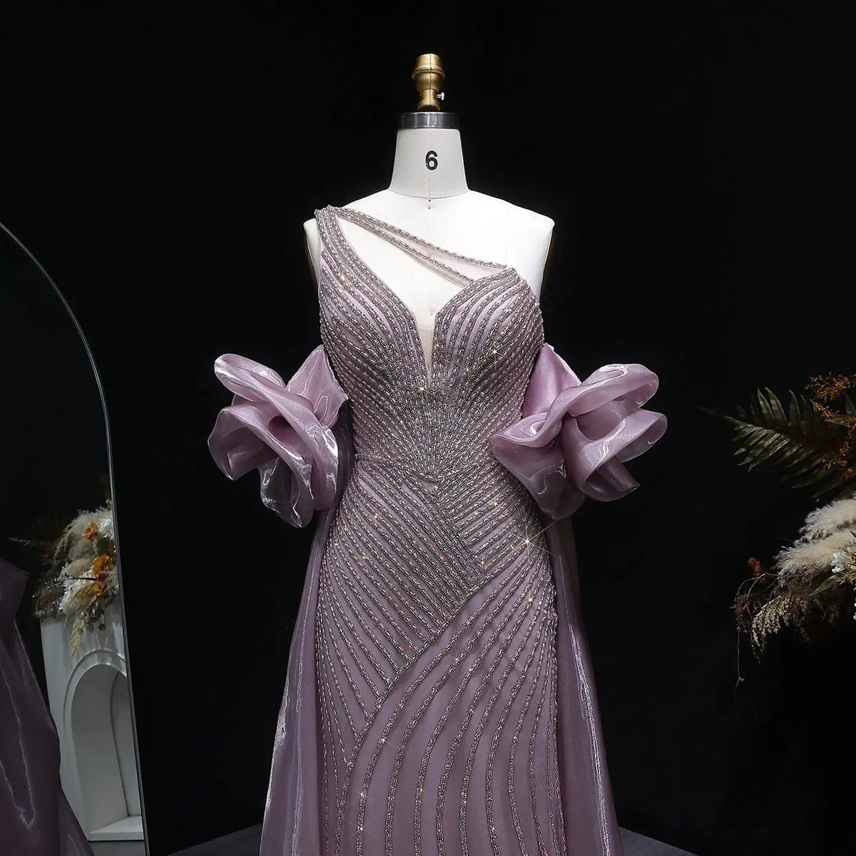 Luxury Dusty Pink Beaded One-Shoulder Fitted Evening Dress with Cape SS016