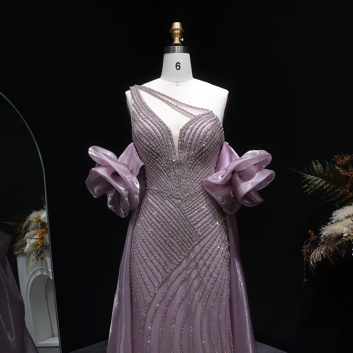 Luxury Dusty Pink One-Shoulder Beaded Fitted Evening Dress with Cape SS016