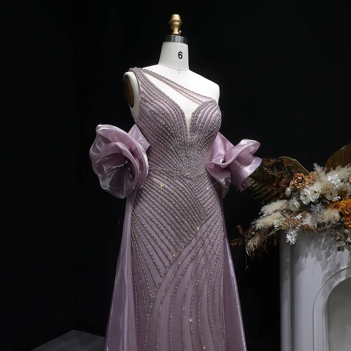 Luxury Dusty Pink Beaded One-Shoulder Fitted Evening Dress with Cape SS016
