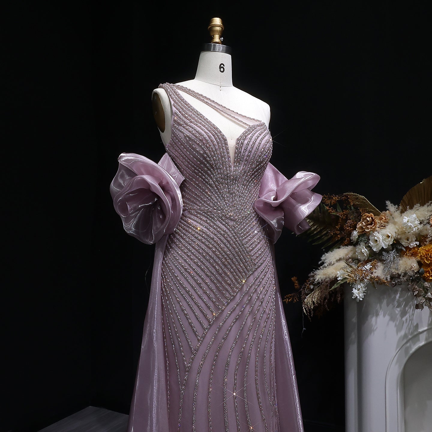 Luxury Dusty Pink One-Shoulder Beaded Fitted Evening Dress with Cape SS016